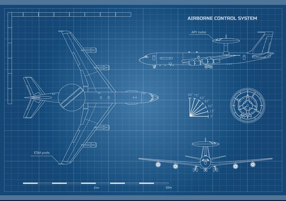 Outline blueprint of military aircraft